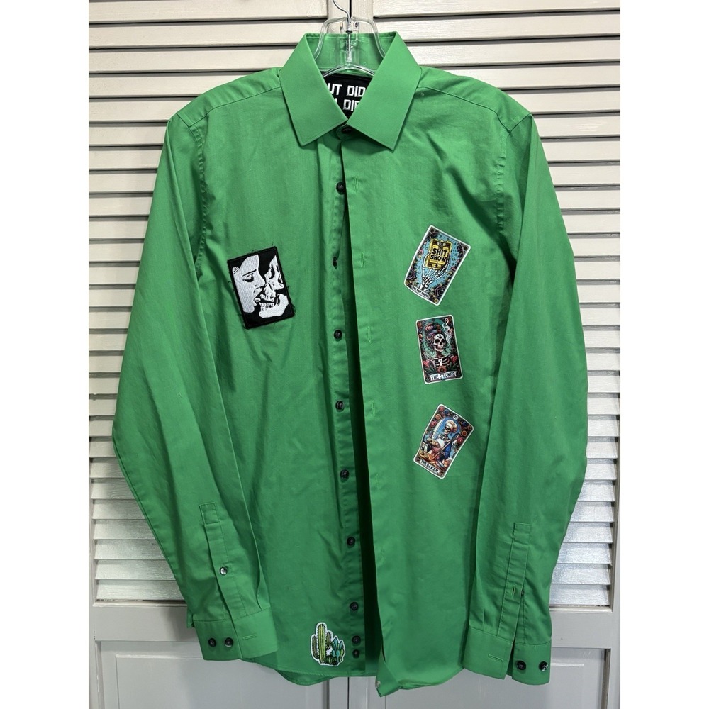 Green Personalized Patches Button Up Long Sleeve Shirt Size S 14-14.5" 34/35
